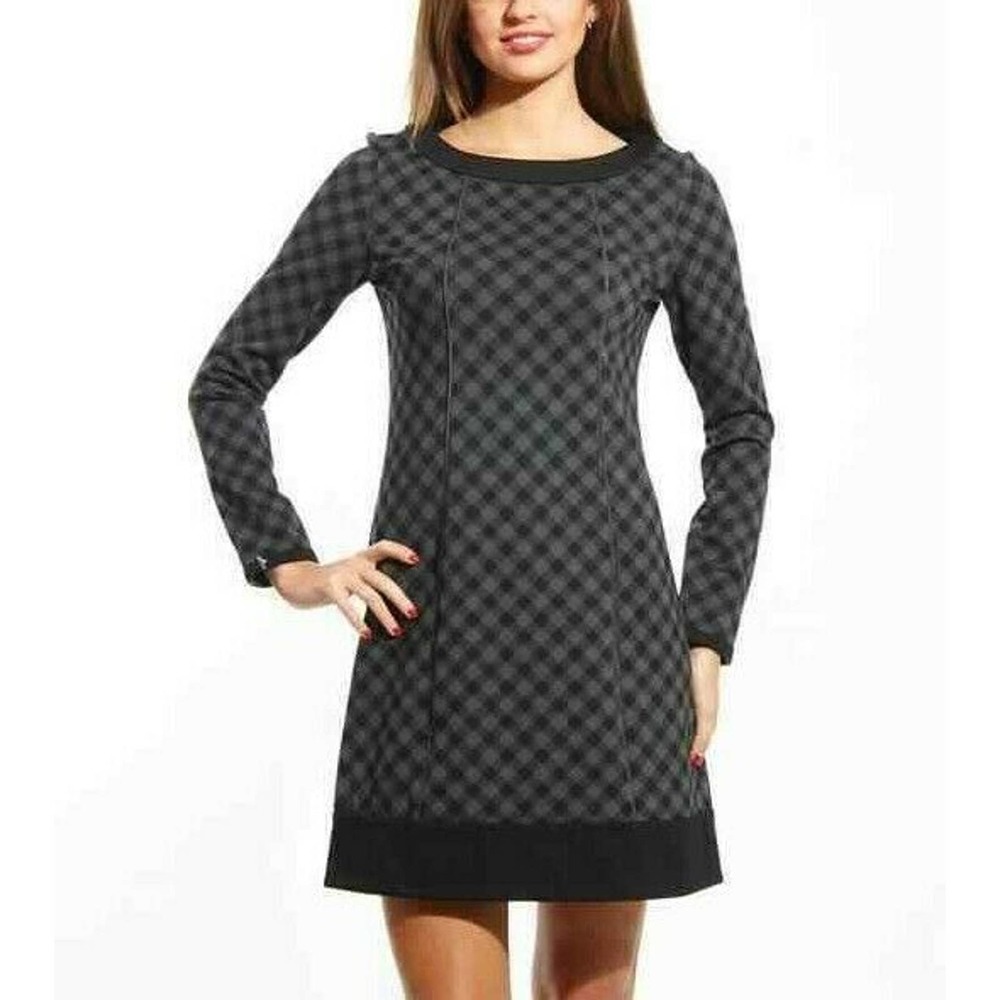 Patrizia Pepe Dress A Line Buffalo Check Plaid Long Sleeve Gray Black Mi…